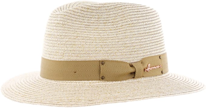 Herman breedgerande beige papieren strohoed met bijpassend lint