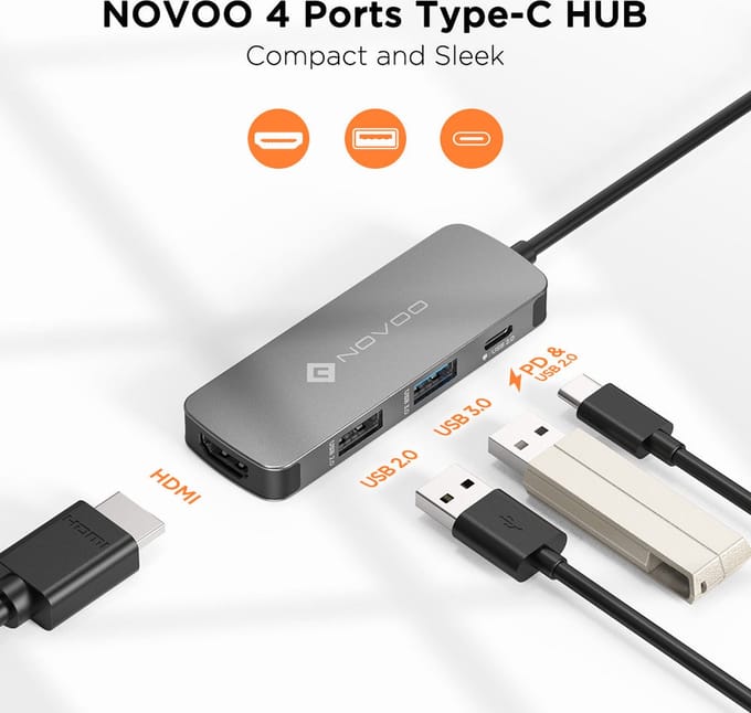 Novoo 4 In 1 Usb C Hub - 4K Ultra HD - Type C - 100W Pd - Thunderbolt 3 Adapter - Laptop hubs Aluminium