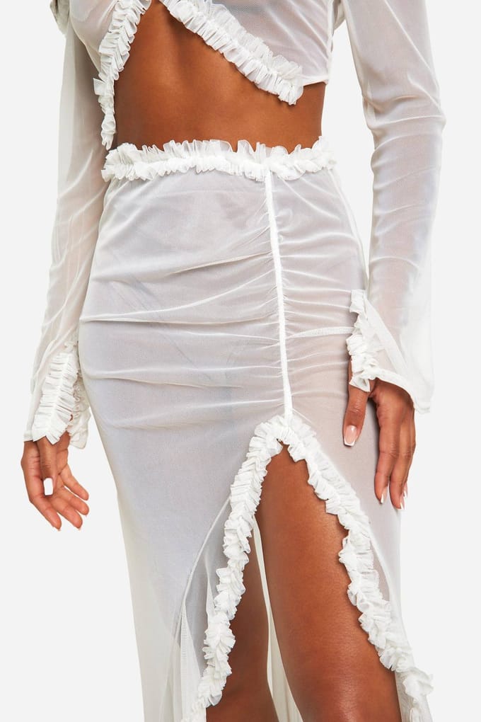 boohoo Dames Ruffle Mesh Maxi Rok | Wit | Maat: 40