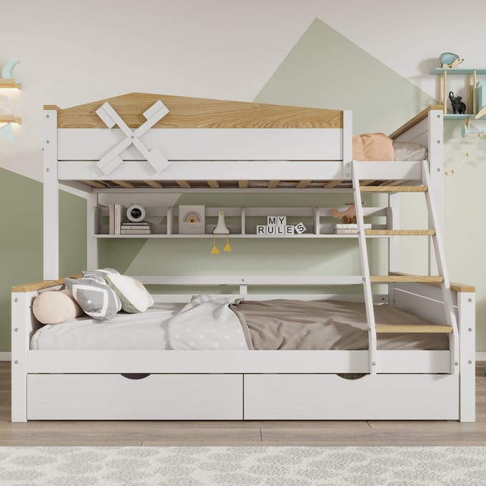 MODFU Kinderstapelbed 90x200 cm – Windmolenmodel – Opbergrek – 4-traps ladder – 2 lades – Wit/naturel