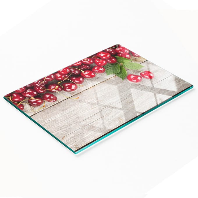 Keukenplank van gehard glas met afbeelding van kersen op hout, 80x52 cm