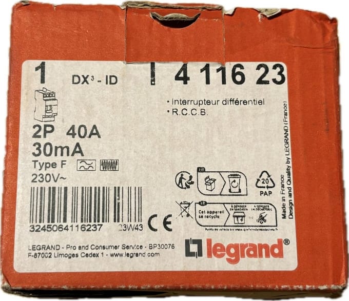 Differentieelschakelaar 2P 40A 30mA Type F met overstroombeveiliging