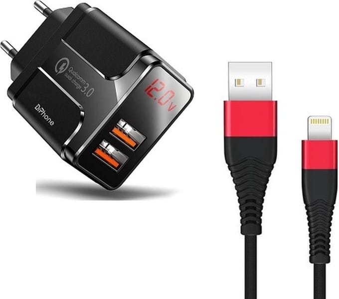 DrPhone ACC02 18W Thuislader Oplaadset voor iPhone - 2x USB poorten met Digitale Display scherm + 1 Meter Lightning Kabel - Zwart