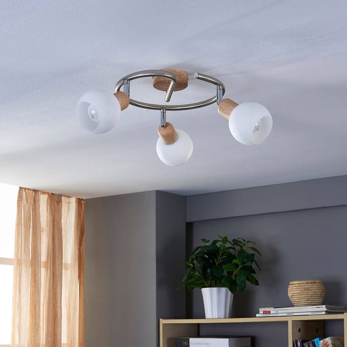 Lindby - buitenspot - 3lichts - glas, metaal - H: 20 cm - E14 - witte albast, licht hout, gesatineerd nikkel