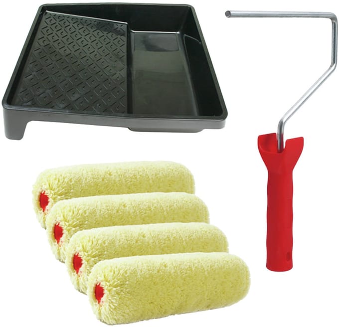 Sorex pluisvrije verfrollers schilderen set - met beugel en verfbak - 4x vacht rollers - breedte 18 cm - dikte 9 cm