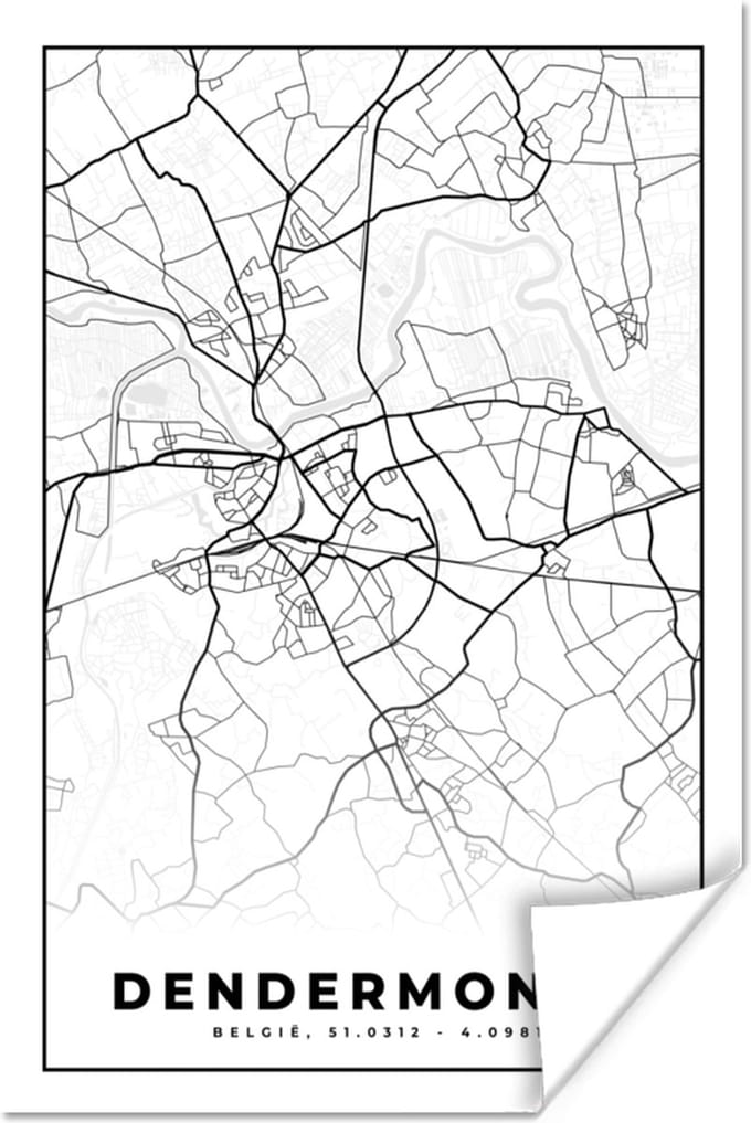 Poster Stadskaart – Zwart Wit - Kaart – Dendermonde – België – Plattegrond - 40x60 cm