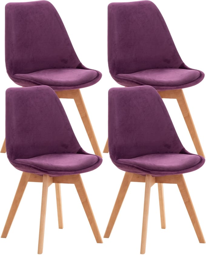 CLP Set van 4 Eetkamerstoelen Linares - met rugleuning - beukenhouten frame - Fluweel/purper