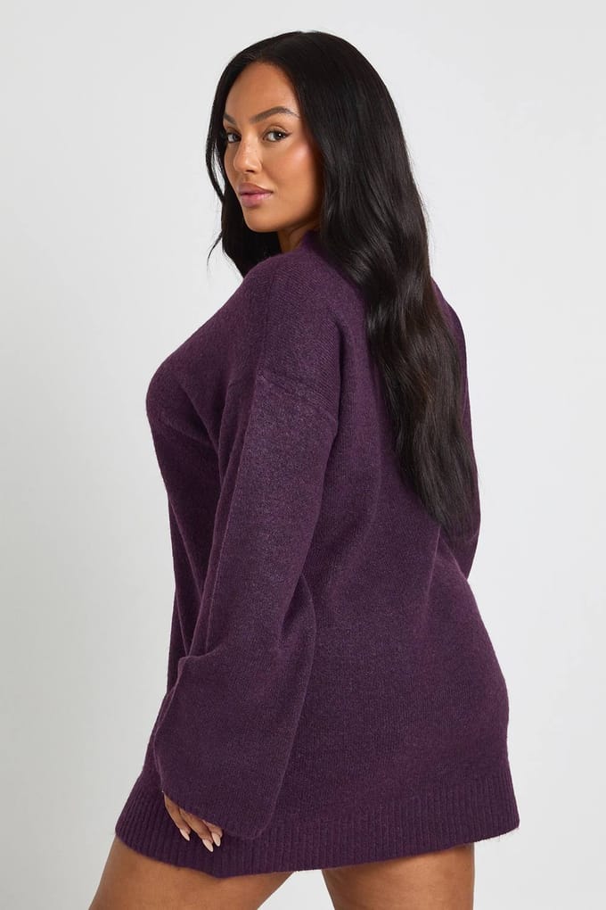 boohoo Dames Plus V-hals jumperjurk | Aubergine | Maat: 46