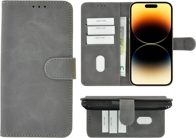 MoDo hoesje Geschikt voor iPhone 14 Pro - Kunstleer Book Case - Grijs