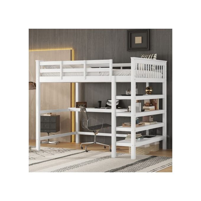 Verhoogd bed - MUVOE - 140 x 200 cm - Geïntegreerd bureau - Opbergvakken - Wit wit