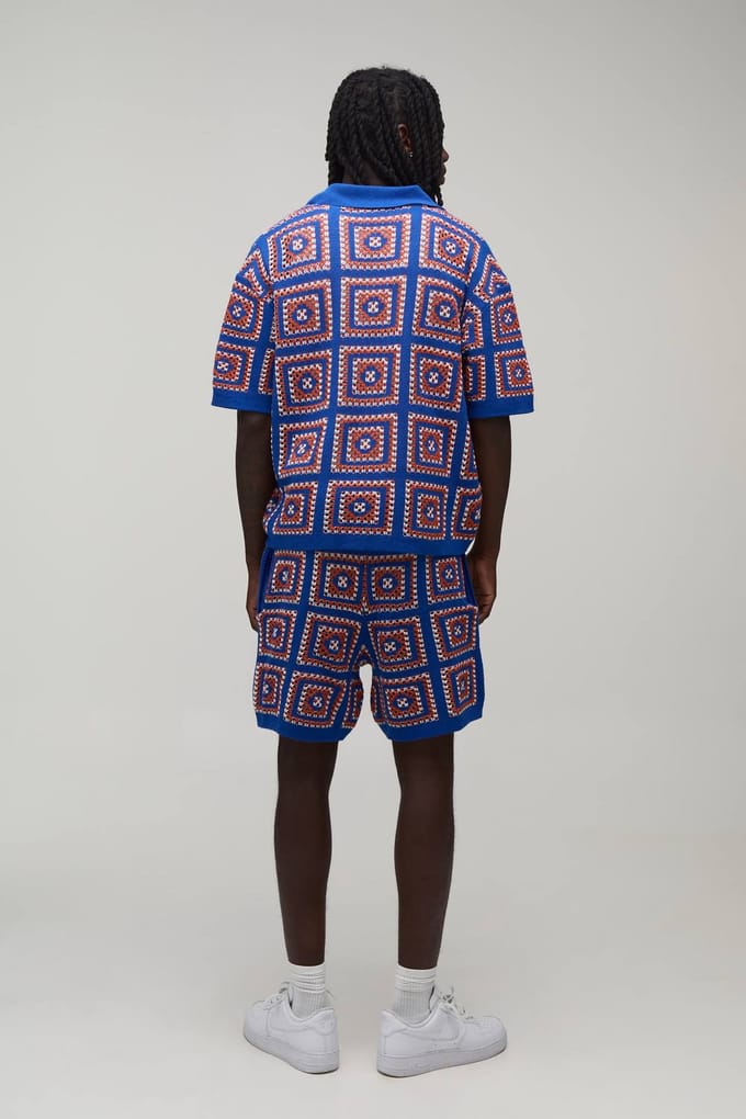 Oversized Boxy Gebreide Polo En Short Set Met Gehaakte Patches | Orange | Size Medium