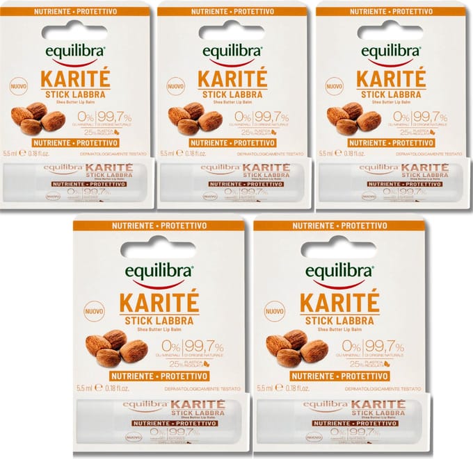 Equilibra Lippenbalsem Karite - Voedend en Beschermend - Lipbalm voor Zachte Lippen - 5x 5,5ml