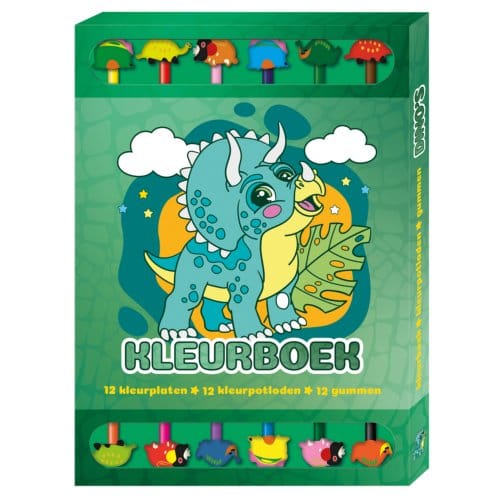 Kleurboek Box Met 12 Potloden En Gummen - Dino's - Interstat