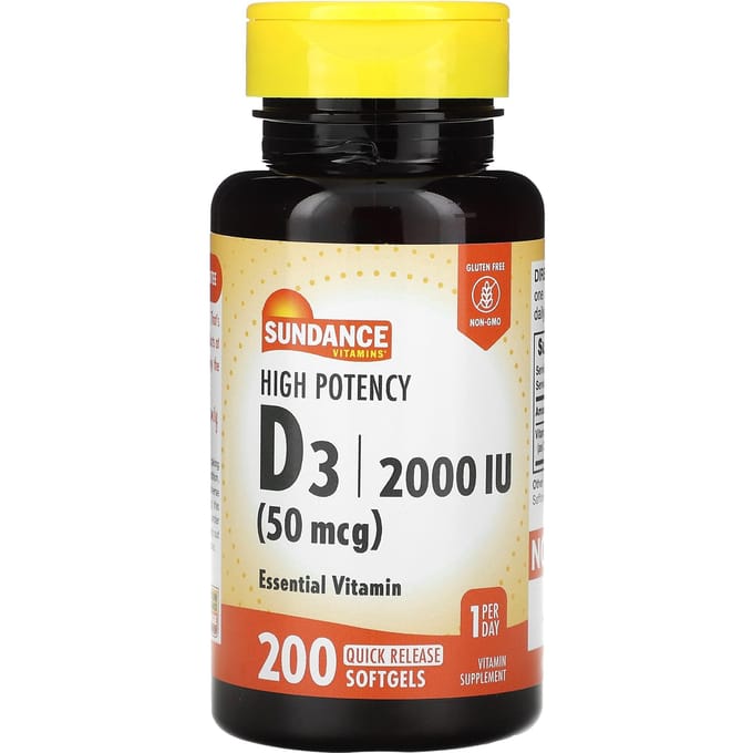 Sundance Vitamins, D3 Haute Puissance, 50 mcg (2 000 UI), 200 Gélules Molles à Libération Rapide