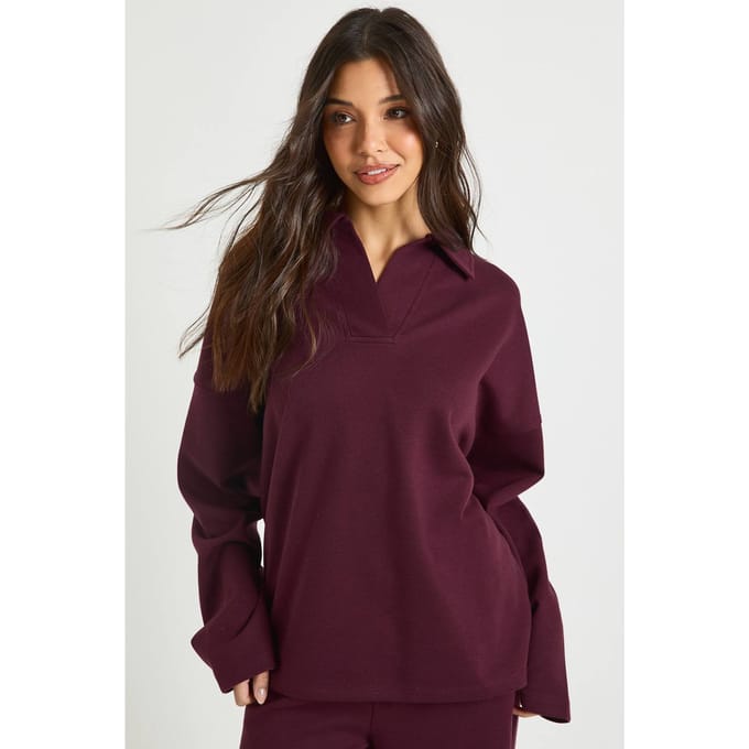 boohoo Dames Interlock Rugby Sweatshirt met Kraag | Bordeaux Rood | Maat: XS
