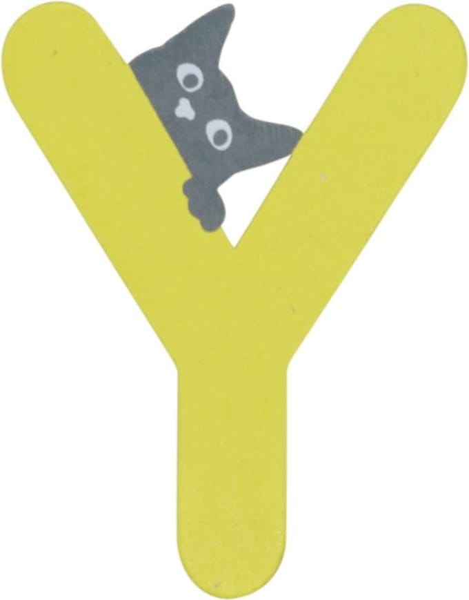Houten Letter Y Geel met Kat | 9 cm