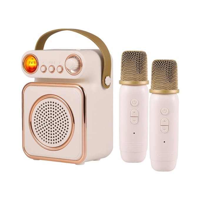 Mini Karaoke Machine Draadloze Microfoon en Speaker Set met 2 Microfoons Oplaadbare LED Kleur beige