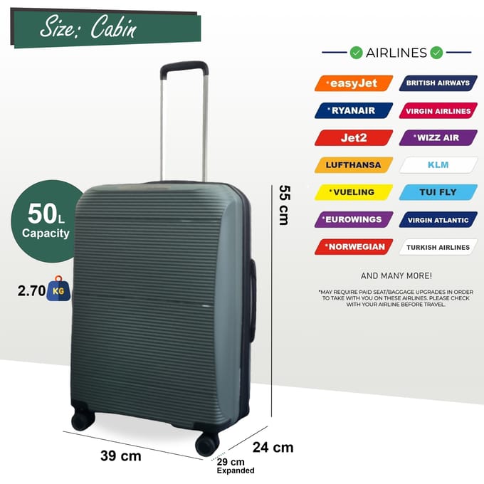 Uitbreidbare PP Hardshell Cabinekoffer 55 x 39 x 24 cm Bagage Geschikt voor Easyjet, Ryanair