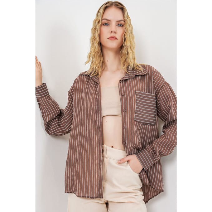 Oversized Gestreepte Lange Mouwen Shirt met Zak