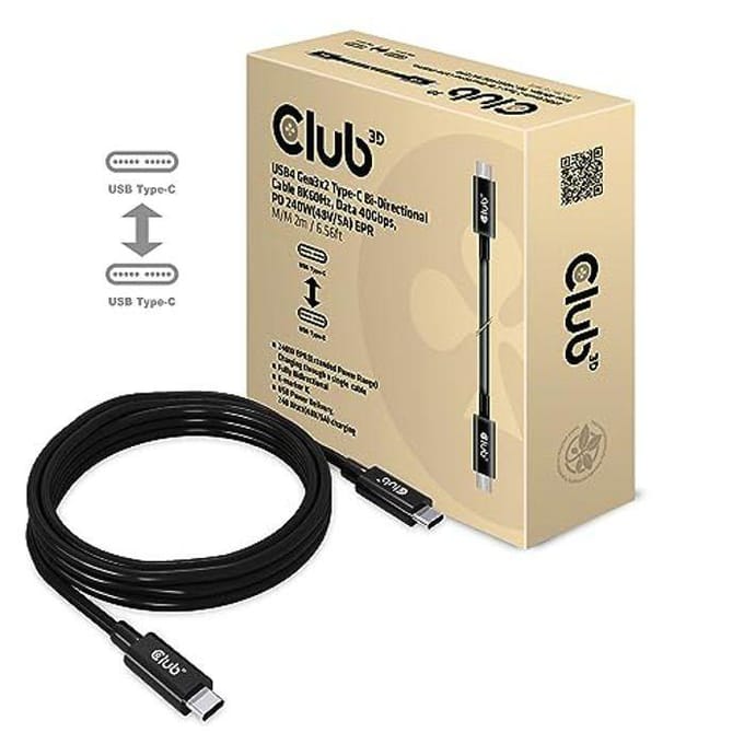 Club 3D USB4 Gen3x2 Type-C bidirectionele kabel 8K60Hz, Data 40Gbps, PD 240W (48V/5A) EPR M/M 2m / 6,56ft