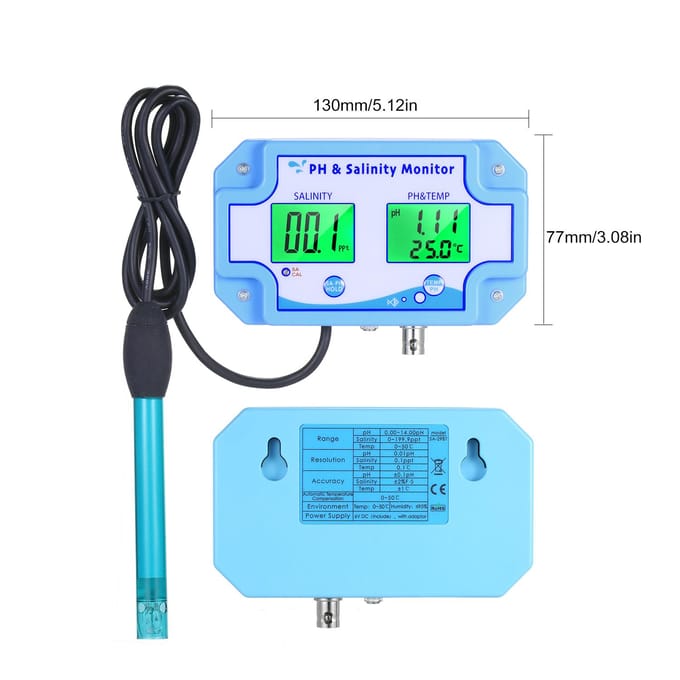 3-in-1 PH/Zoutgehalte/TEMP Waterkwaliteitsmonitor Multifunctionele pH- en zoutgehaltemonitor Temperatuur EU Plug