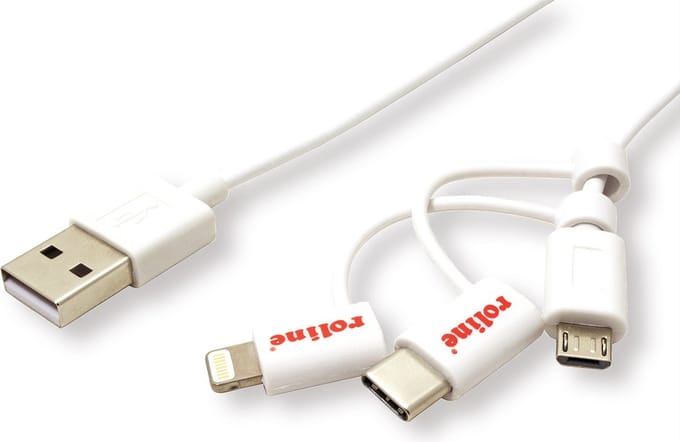 ROLINE USB 2.0 8pin sync & oplaadkabel, USB-A - USB-C / 8-pins / USB MicroB, wit, 1 m