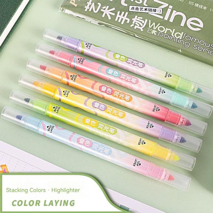 6 pièces/set Set de Stylos Marqueurs Fluorescents Double-face pour Surlignage et Dessin Utilisation Bureau École Di Usage Pratique beige