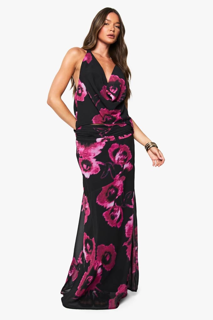 boohoo Dames Floraal chiffon haltertop met cowl-nek | Zwart | Maat: 38