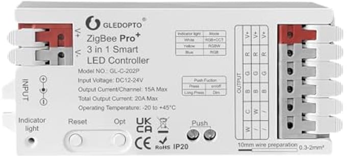 Ledcontroller 3-in-1 voor ZigBee | 20A, Max 15A per kanaal | RGBCCT RGBW RGB Dimmer | Geschikt voor Smart Home