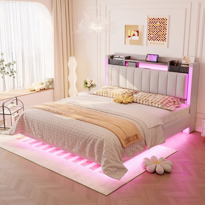 MODFU Bedframe 140x200 cm – Linnenlook met zwevend effect & opberghoofdbord – LED – Beige