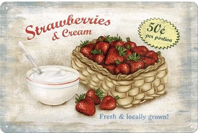 Strawberries & cream Tin Plate 20x30 cm aardbeien