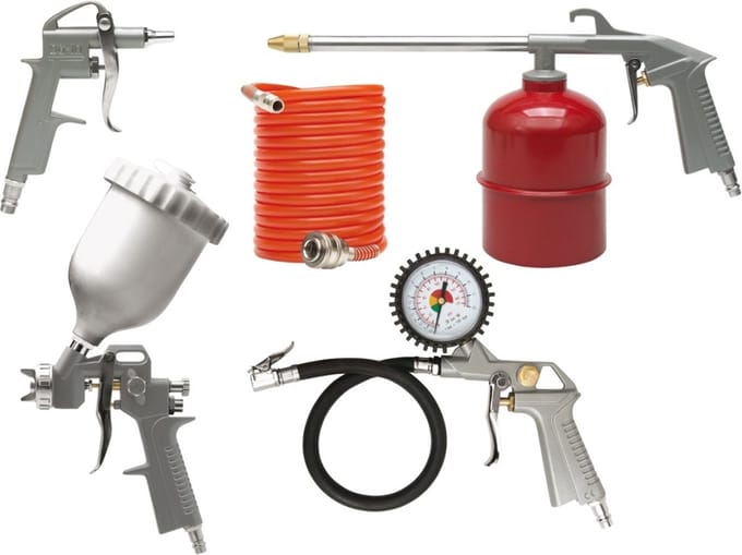 VOREL Compressoraccessoiresset incl. luchtblaaspistool, spuitpistool, waspistool en bandenpomppistool