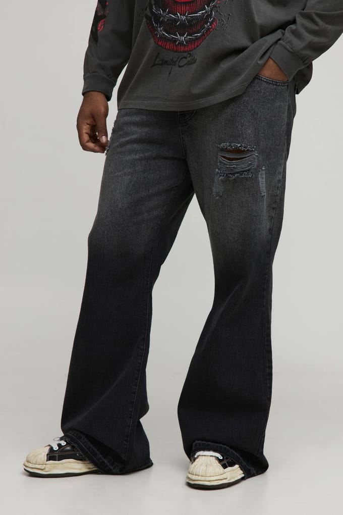 Plus Gescheurde Laaghangende Zoom Stijve Uitlopende Jeans | Washed Black | Size 42