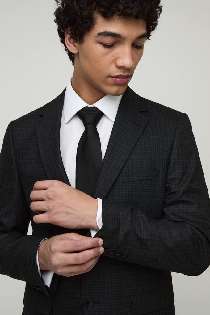 Single Breasted Slim Check Suit Jacket | Charcoal | Size 52