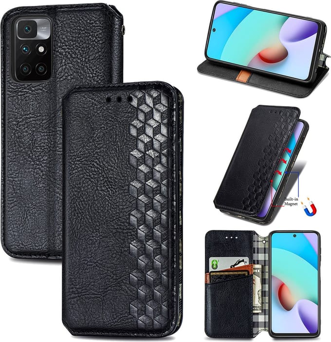 Luxe PU Lederen Ruitpatroon Wallet Case + PMMA Screenprotector voor Xiaomi Redmi 10 _ Zwart