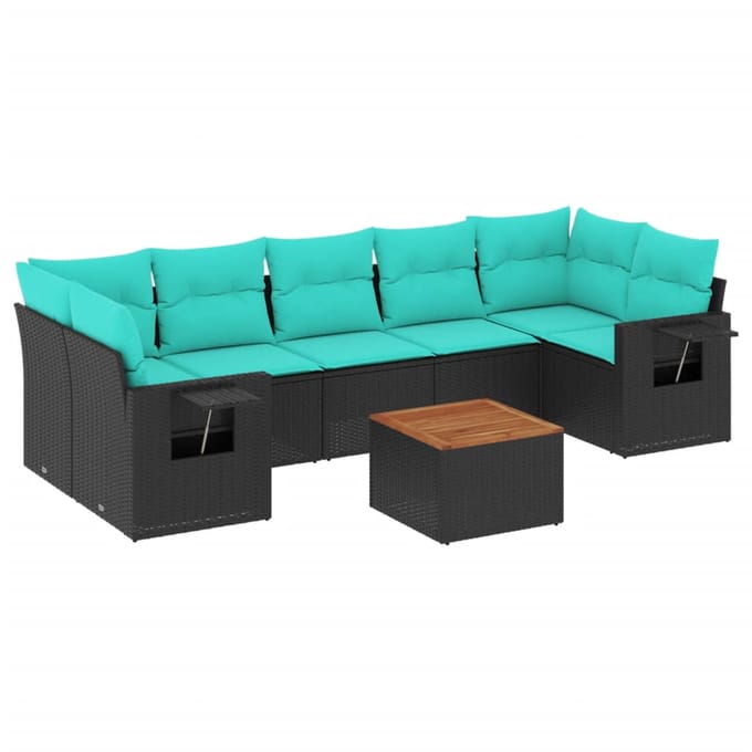 vidaXL - 8-delige - tuinbankset - met - kussens, - zwart - polyrotan