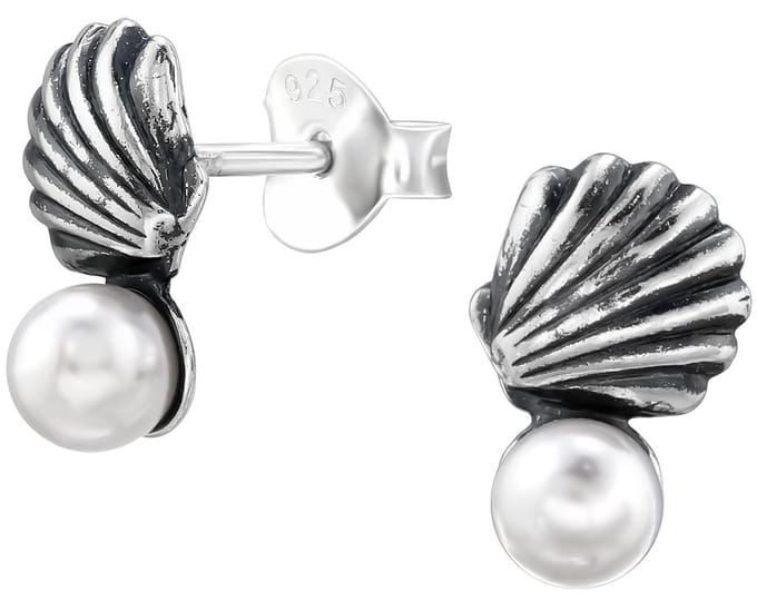 Joy|S - Zilveren schelp oorbellen met witte parel - 10 x 9 mm - shell - geoxideerd