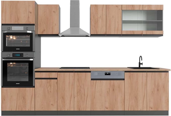 Vicco R-Line Complete keukeneenheid – 300 cm met hoge kast, WB Eik Eik goud/antraciet