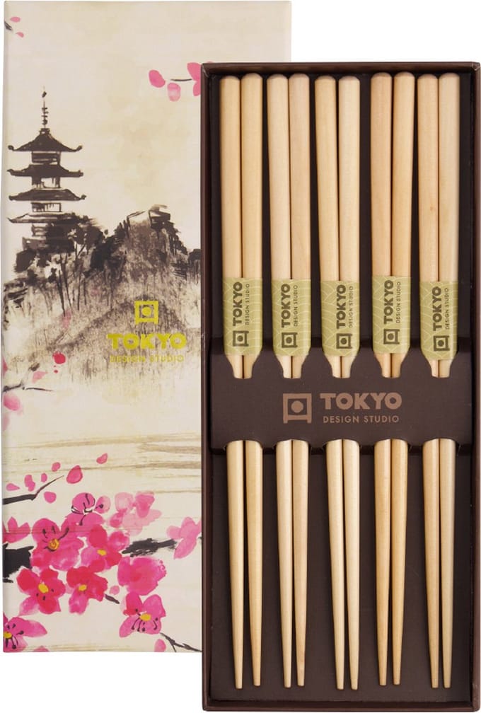 Tokyo Design Studio - Chopsticks Set - Eetstokjes - Cadeau Set - 5 Paar - Bruin Hout