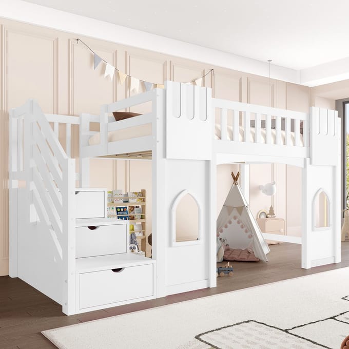MODFU Hoogslaper 90x200 cm – Met opbergtrap & ramen – Wit – Hout/MDF – 3 opbergruimtes – Incl. lattenbodem
