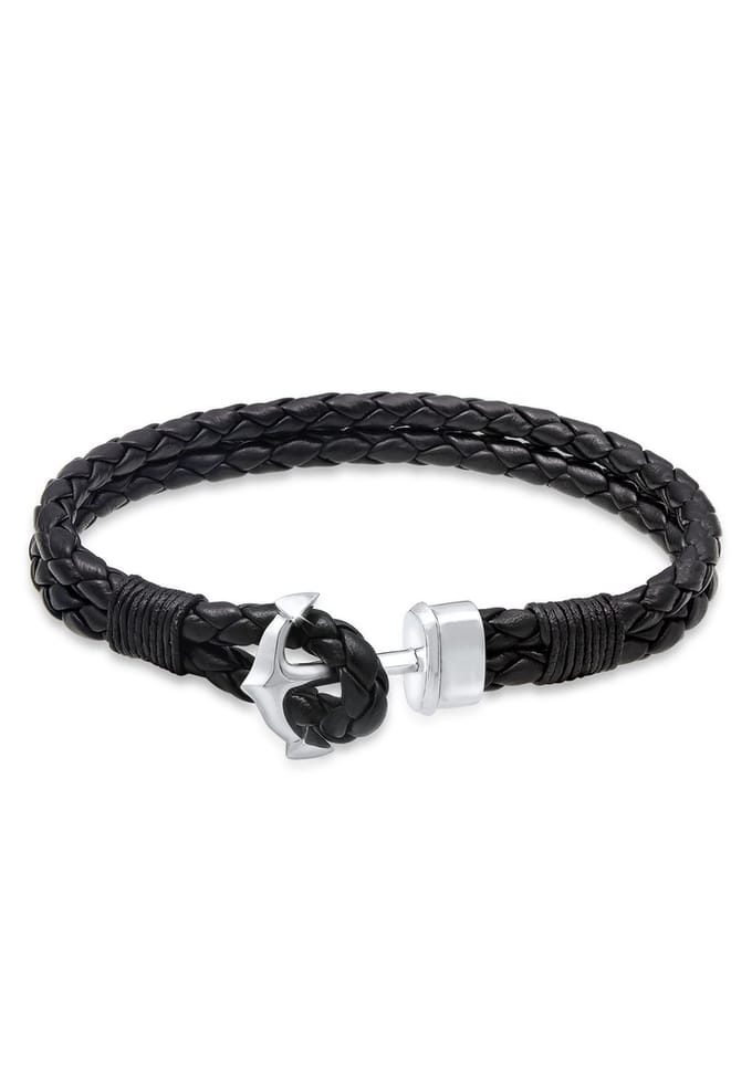 KUZZOI - Armband - Herren Basic Anker Echtleder Geflochten 925 Silber -
