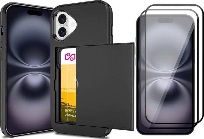 Hoesje met Pasjeshouder geschikt voor iPhone 16 - 2x Screen Protector FullGuard - Back Cover SlideCase Zwart & Screenprotector