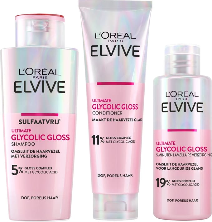 L'Oréal Paris Elvive Glycolic Gloss Ultimate Bundle - Shampoo 200ml, Conditioner 150ml & 5 min Lamellaire Haarverzorging 200ml - dof en poreus haar