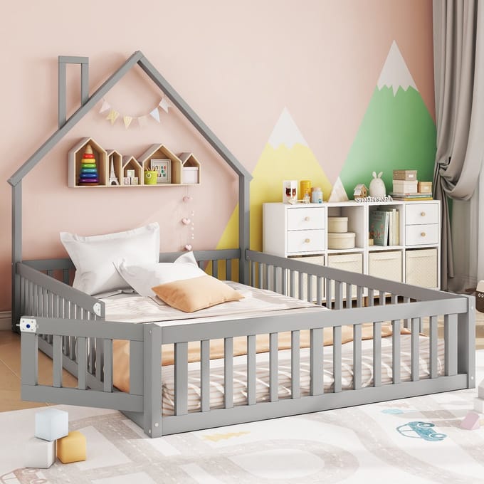 REDOM Kinderbed – 140x190 cm – Met lattenbodem – Veiligheidshek – Schoorsteenvorm – Grenenhout & MDF – Grijs