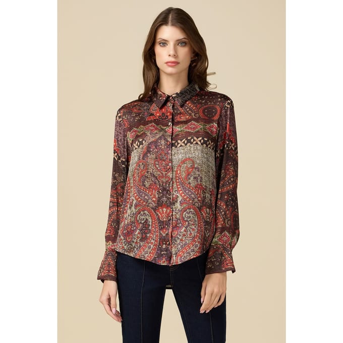 Oltre Patterned Satin Shirt Brown Größe: 40 | Blusen Outlet | Damen | Braun