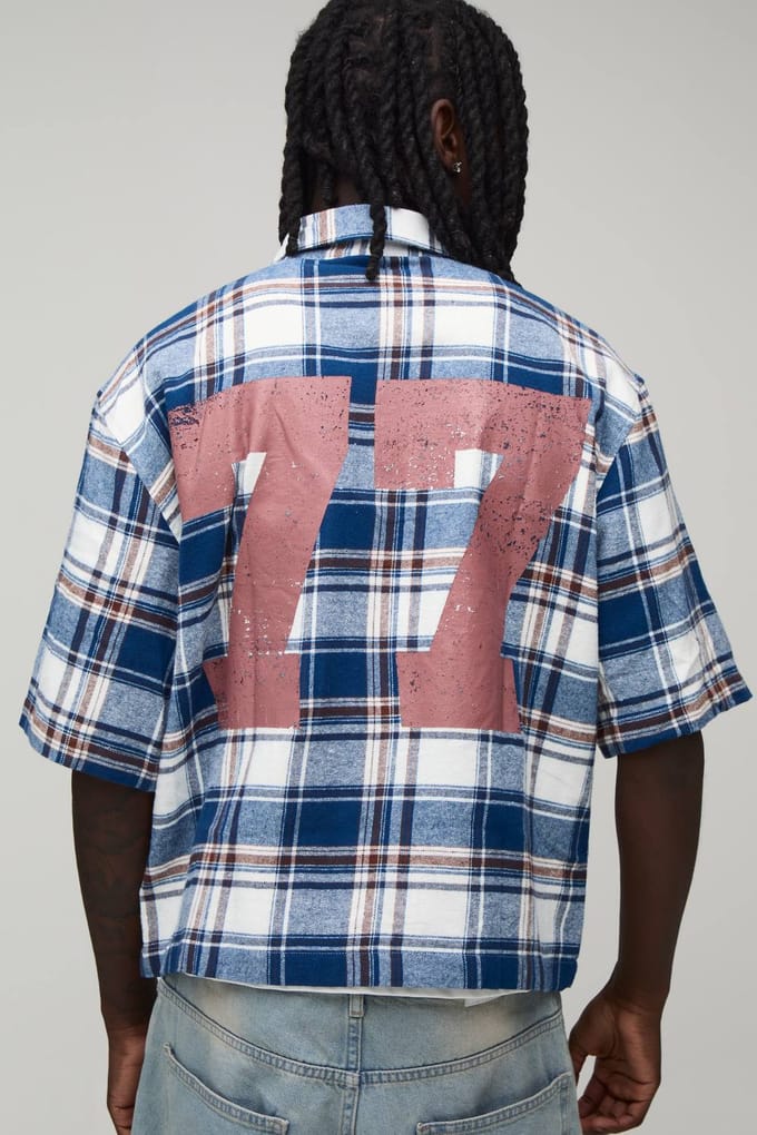 Oversized Boxy Overhemd Met Korte Mouwen En Gewassen Varsity Ruitpatroon | Navy | Size Medium