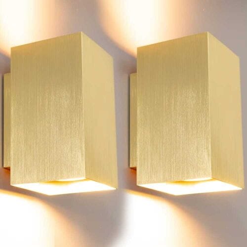 HOFTRONIC – Set van 2 wandlampen rechthoekig – Up and downlight – Dimbaar – GU10 fitting – Geborsteld goud aluminium – IP20 – Binnengebruik