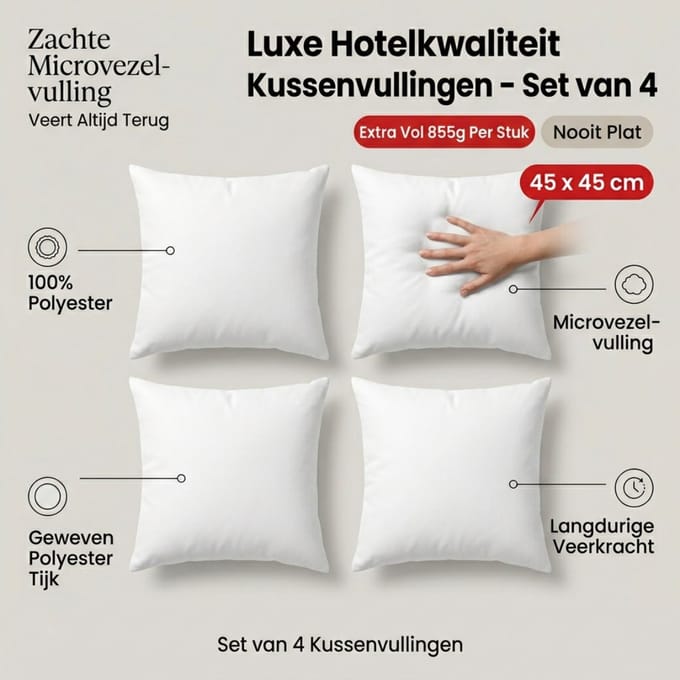 Set van 4 | BINNENKUSSEN - 45x45 cm | 855 gram/stuk | Kussenvulling | 100% Polyester | Vulling - Microvezel