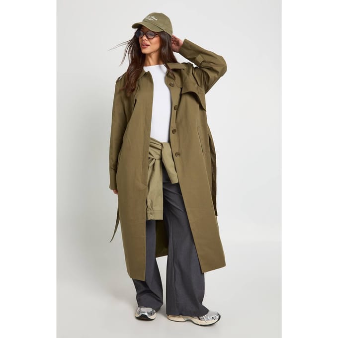boohoo Dames Oversized trenchcoat met riem | Kaki | Maat: 38