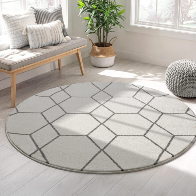 Muratap Trellis uni rond effen laagpolig vloerkleed modern 150 cm rond